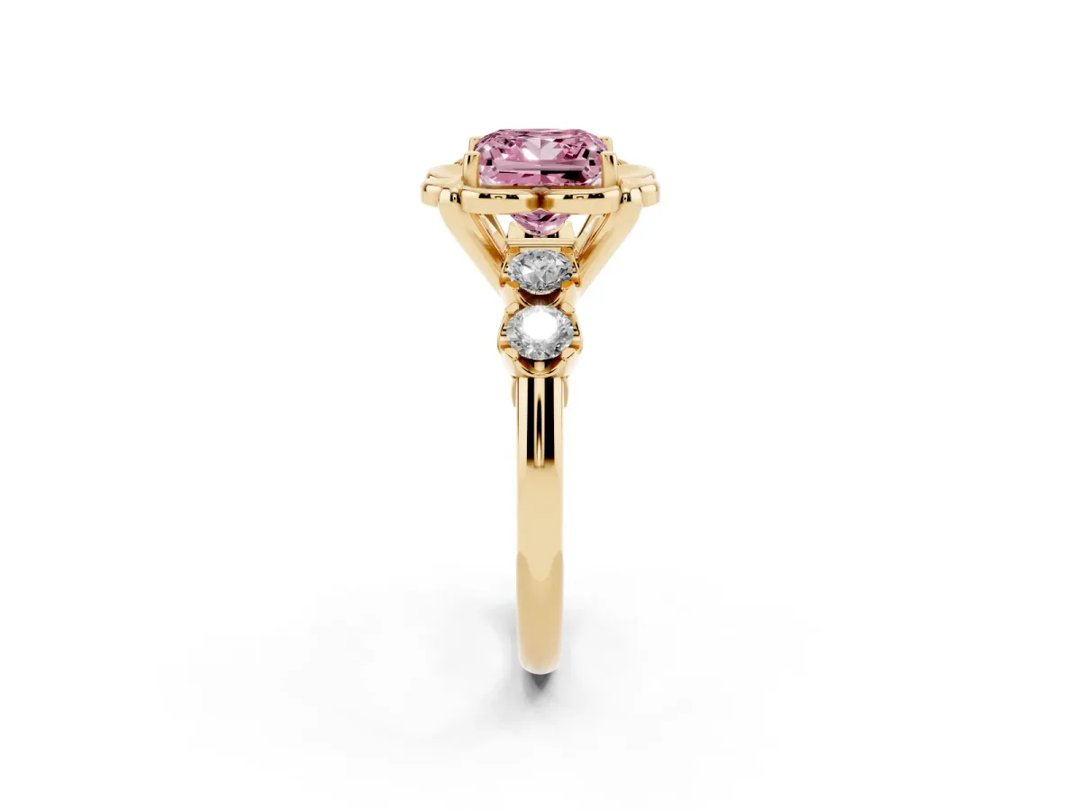 Fancy Pink Princess Cut Cut Diamond Floral Halo Engagement Ring with Shared Prong Setting Yellow gold