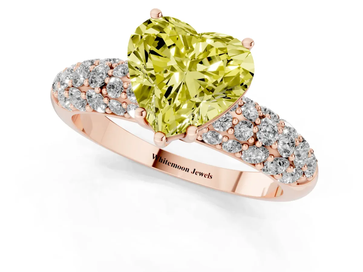 Fancy Yellow Heart Cut Diamond Pavé Band Solitaire Ring with Four-Prong Setting Rose gold