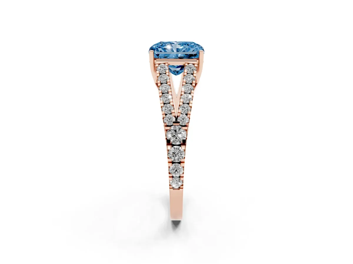 Fancy Blue Radiant Cut Diamond Split Shank Pavé Engagement Ring with Four-Prong Setting Rose gold