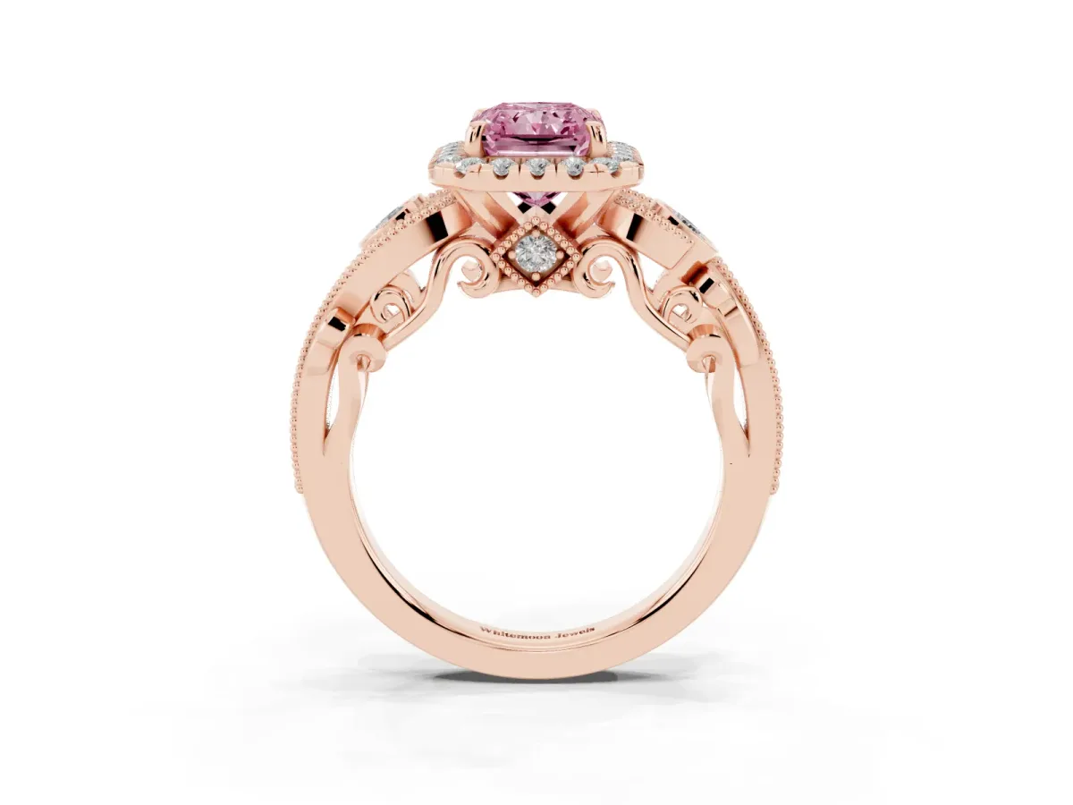 Fancy Pink Radiant Cut Diamond Halo Ring with Milgrain Pavé Band and Four-Prong Setting Rose gold