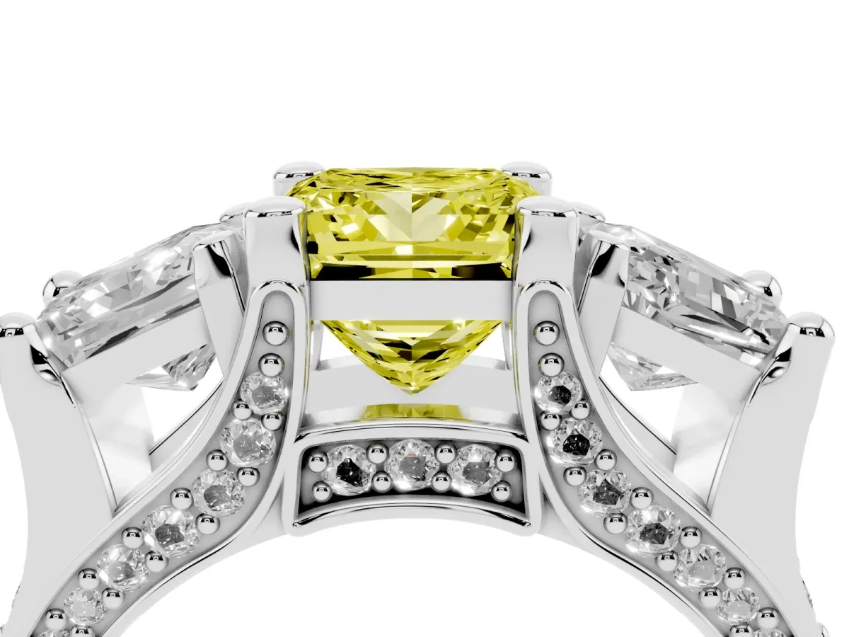 Fancy Yellow Princess Cut Diamond Three-Stone Ring with Channel Set Band and Four-Prong Setting Silver