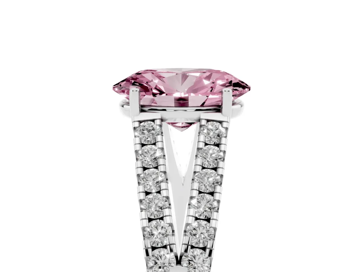 Fancy Pink Oval Cut Diamond Split Shank Pavé Engagement Ring with Four-Prong Setting White gold