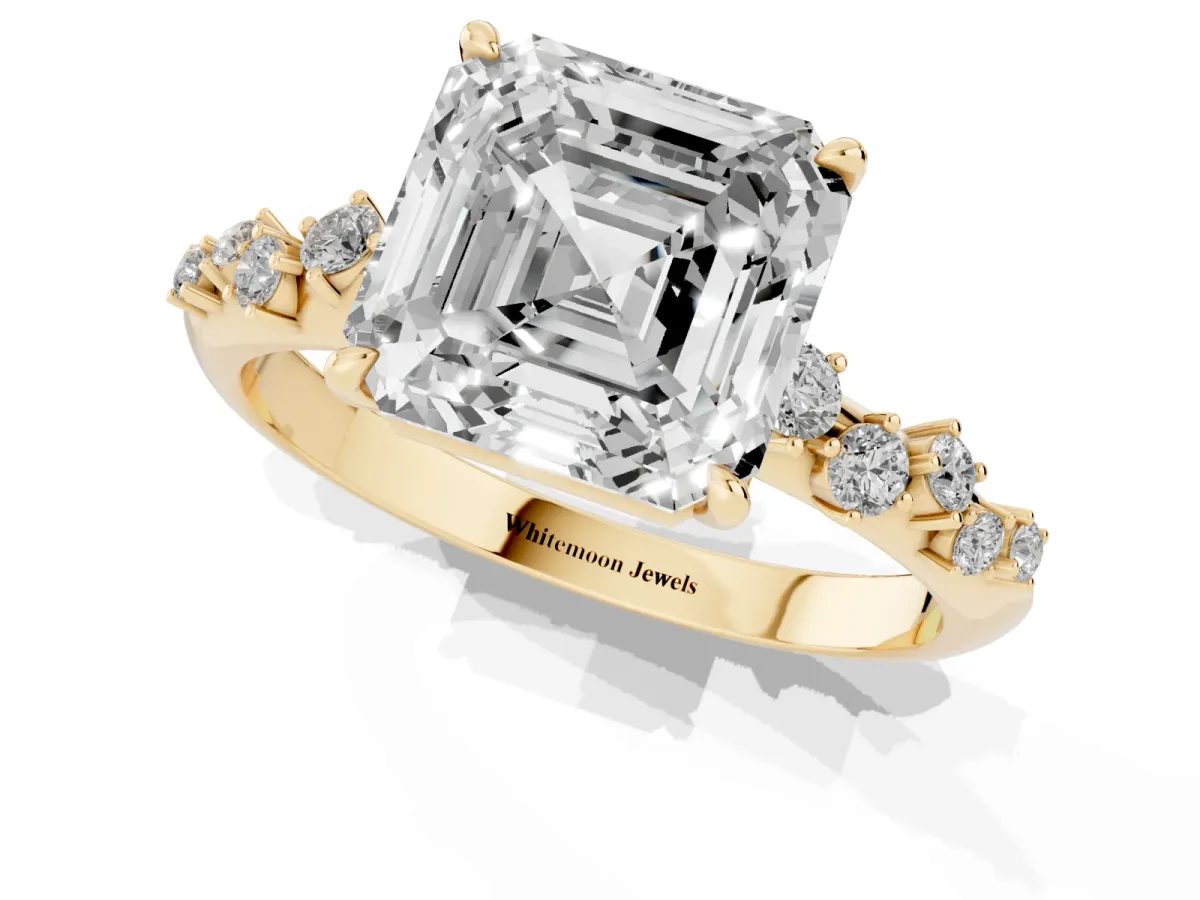 Asscher Cut Diamond Cluster Side Stone Solitaire Ring with Prong Setting Yellow gold