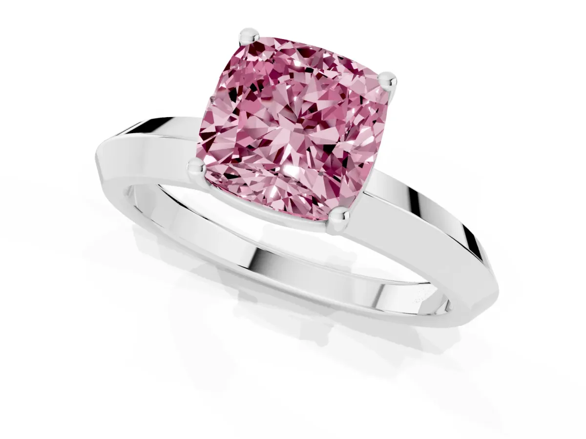Fancy Pink Cushion Cut Cut Solitaire Engagement Ring with Flat Band and Four-Prong Setting Silver