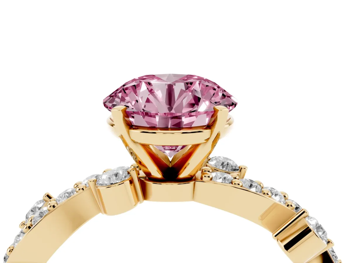 Fancy Pink Round Cut Cut Solitaire Diamond Twisted Band with Pave Setting Yellow gold