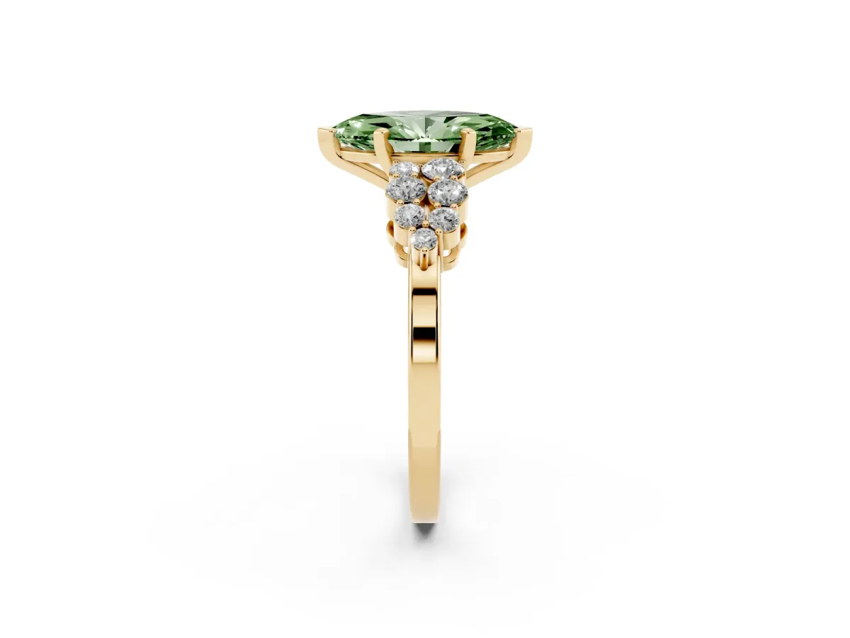 Fancy Green Marquise Cut Cluster Diamond Engagement Ring with Pavé Band and Four-Prong Setting Yellow gold