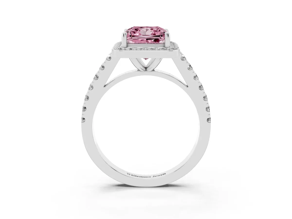 Fancy Pink Princess Cut Diamond Halo Ring with Round Pavé Split Shank and Prong Setting Silver