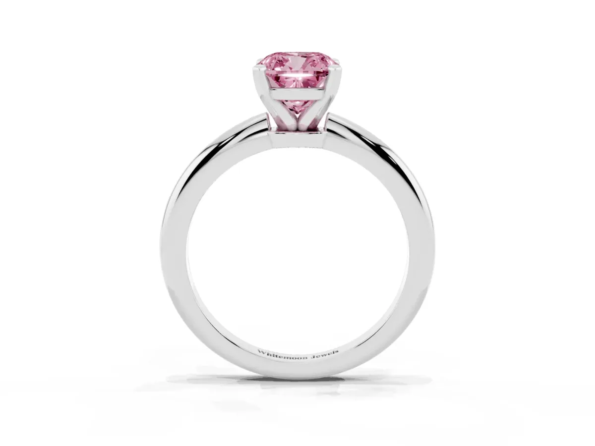 Fancy Pink Cushion Cut Diamond Solitaire Ring with Prong Setting and Classic Band Silver