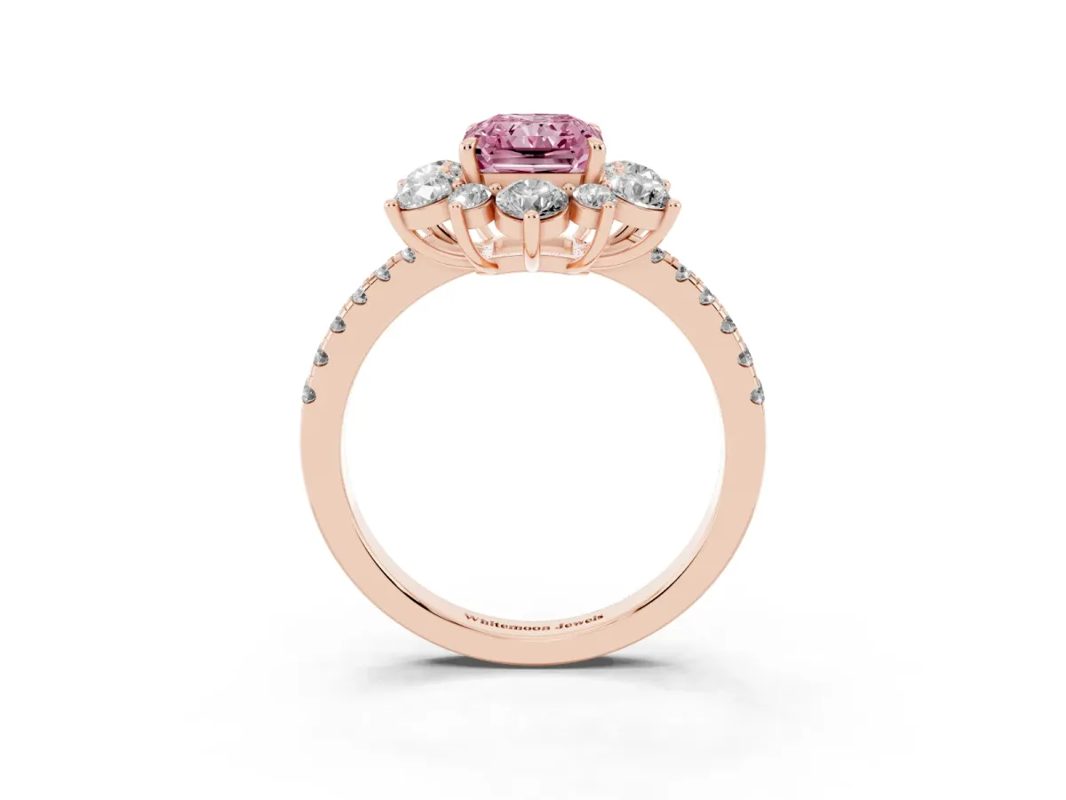 Fancy Pink Radiant Cut Diamond Floral Halo Ring with Round Pavé Band and Prong Setting Rose gold