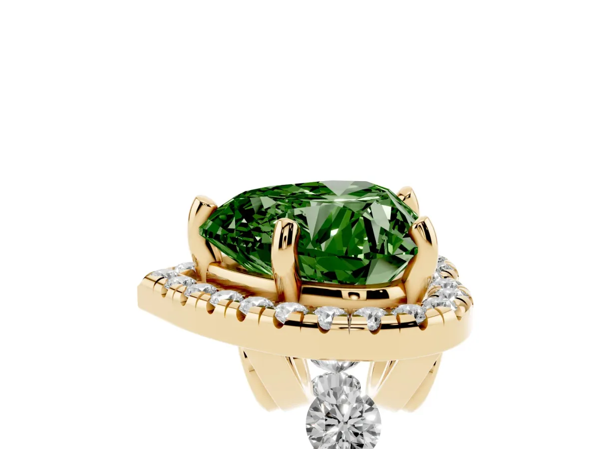 Fancy Green Heart Cut Halo Pavé Diamond Engagement Ring with Four-Prong Setting Yellow gold
