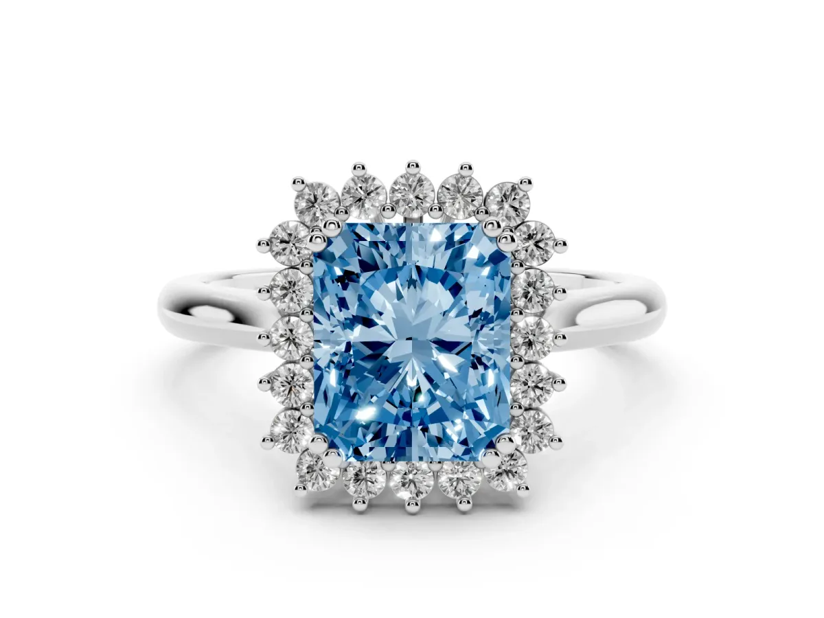 Fancy Blue Radiant Cut Cut Diamond Halo Ring with Solitaire Band and Prong Setting White gold