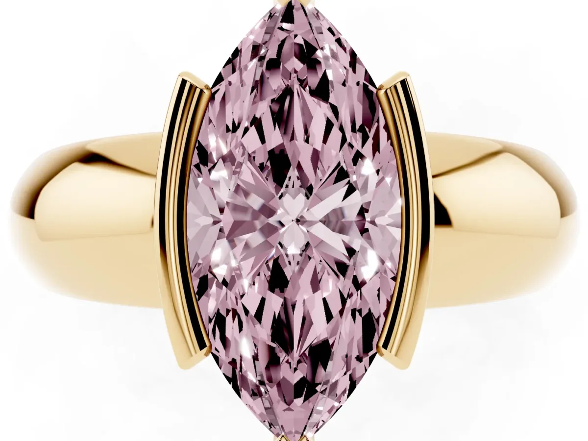 Fancy Pink Marquise Cut Solitaire Tension Set Diamond Ring with Wide Band Yellow gold