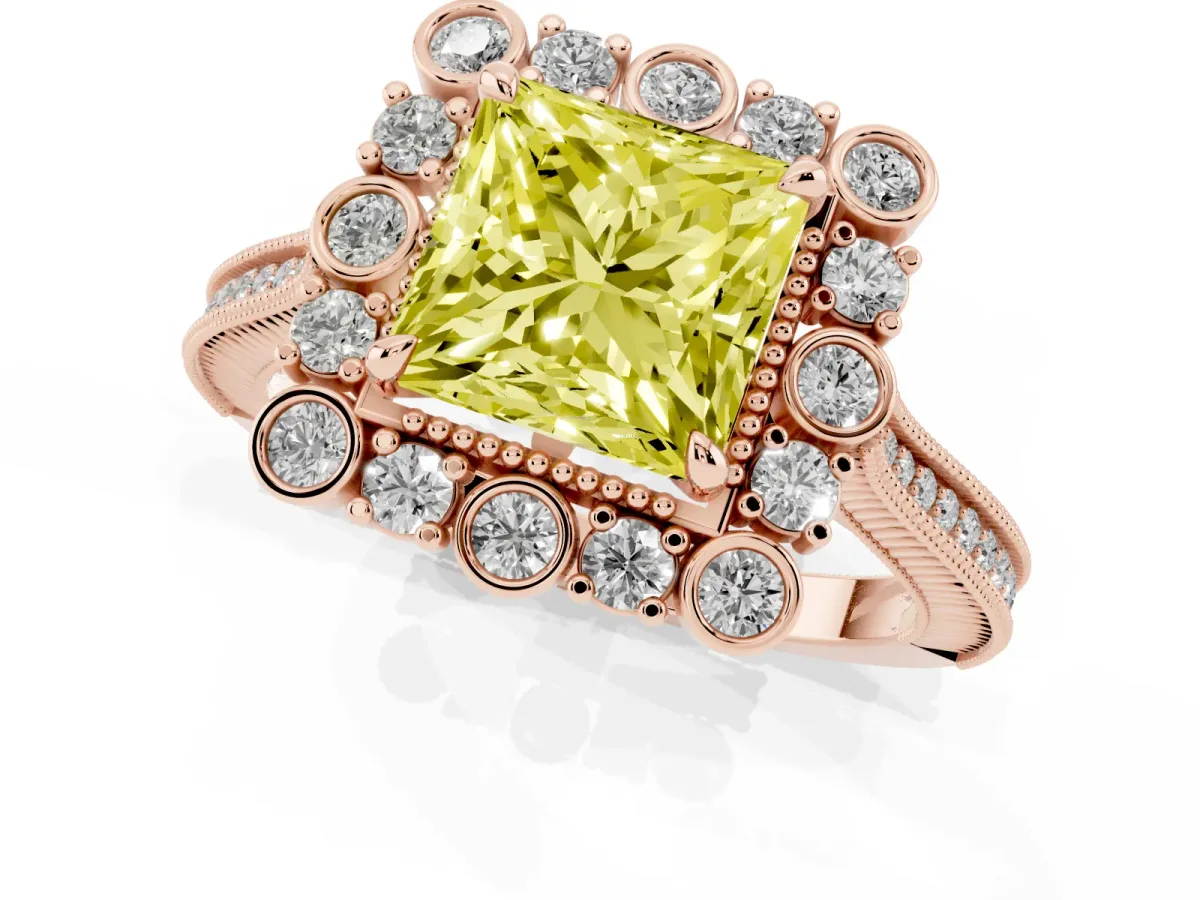 Fancy Yellow Princess Cut Halo Milgrain Pave Diamond Ring with Four-Prong Setting Rose gold