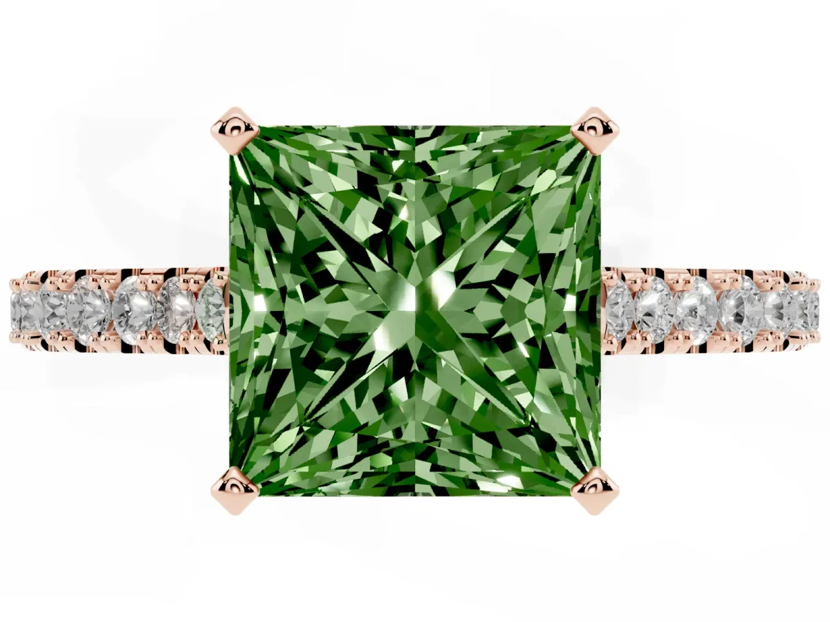 Fancy Green Princess Cut Cut Solitaire Diamond Engagement Ring with Pave Band and Four-Prong Setting Rose gold