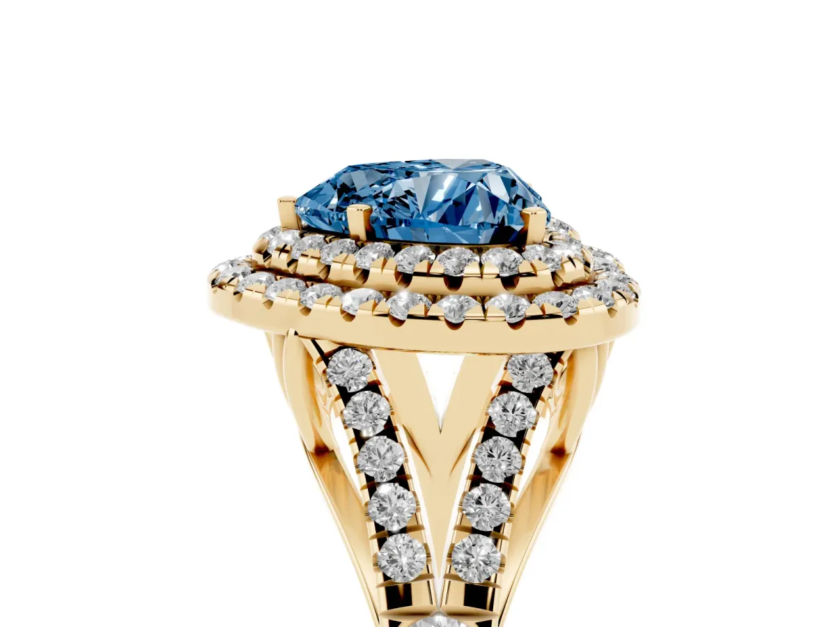 Fancy Blue Heart Cut Cut Double Halo Split Shank Diamond Ring with Prong Setting Yellow gold