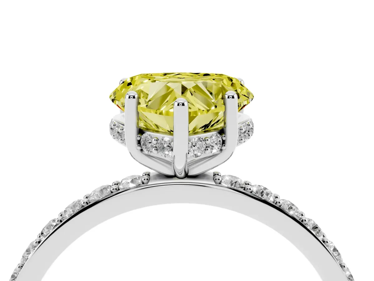 Fancy Yellow Heart Cut Diamond Solitaire Ring with Pavé Band and Hidden Halo Silver
