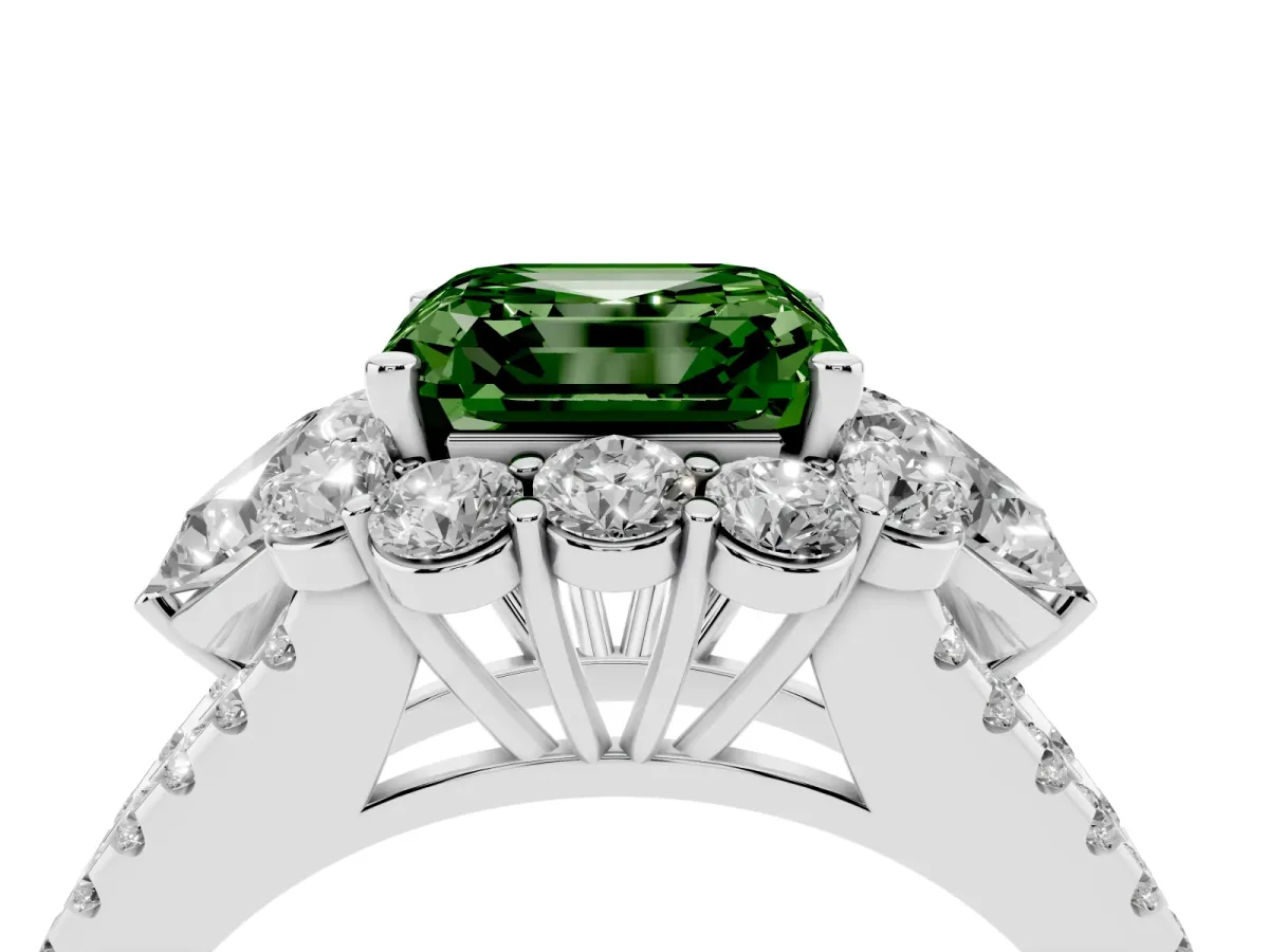 Fancy Green Asscher Cut Halo Split Shank Diamond Engagement Ring with Prong Setting Silver