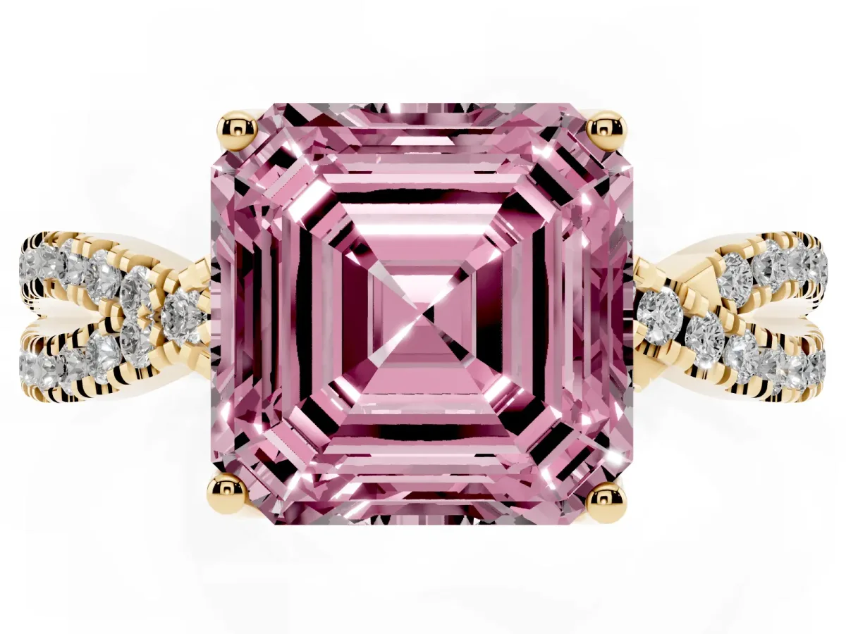 Fancy Pink Asscher Cut Solitaire Twist Pave Diamond Engagement Ring with Prong Setting Yellow gold