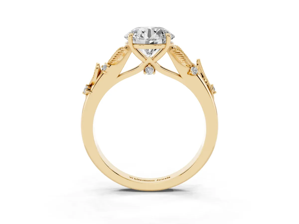 Round Cut Diamond Solitaire Ring with Leaf Motif Band and Four-Prong Setting Yellow gold