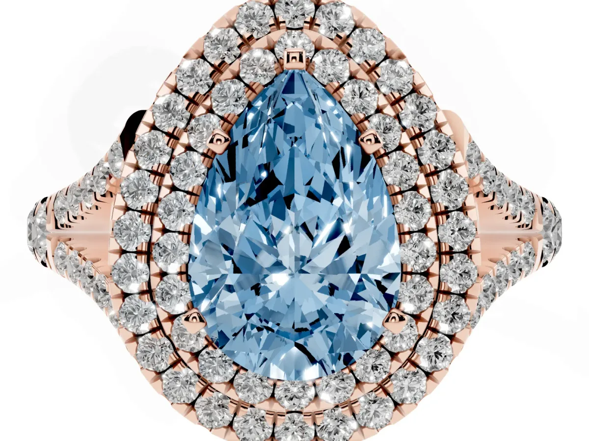 Fancy Blue Pear Cut Diamond Double Halo Ring with Split Shank and Prong Setting Rose gold