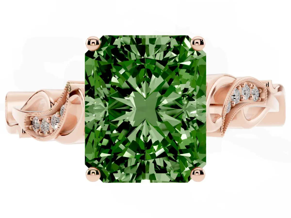 Fancy Green Radiant Cut Solitaire Vine Band with Milgrain Prong Setting Rose gold