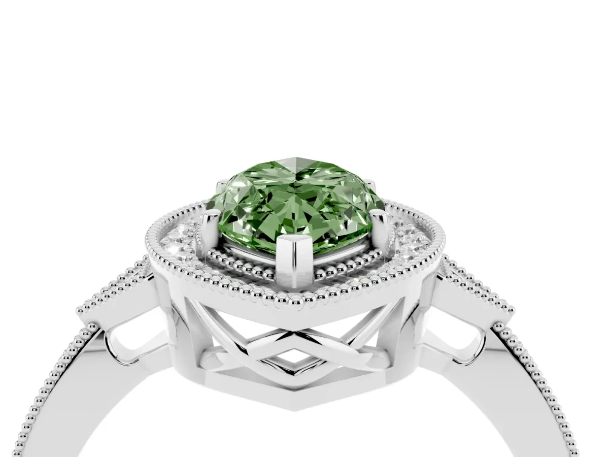 Fancy Green Marquise Cut Halo Round Diamond Milgrain Pave Engagement Ring Silver