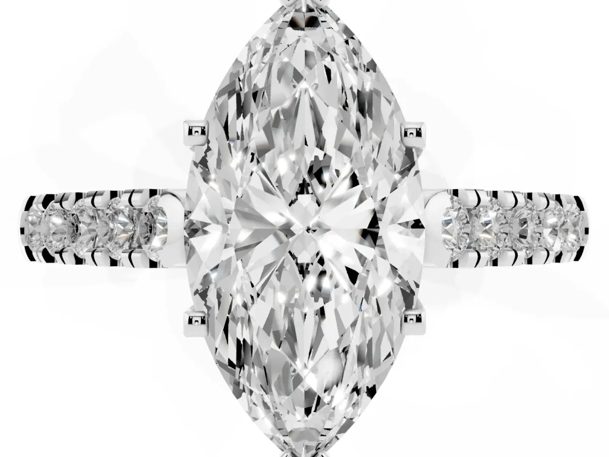 Marquise Cut Diamond Pavé Band Solitaire Ring with Prong Setting White gold