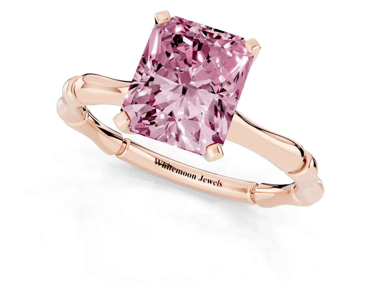 Fancy Pink Radiant Cut Solitaire Diamond Ring with Bamboo Band and Four-Prong Setting Rose gold
