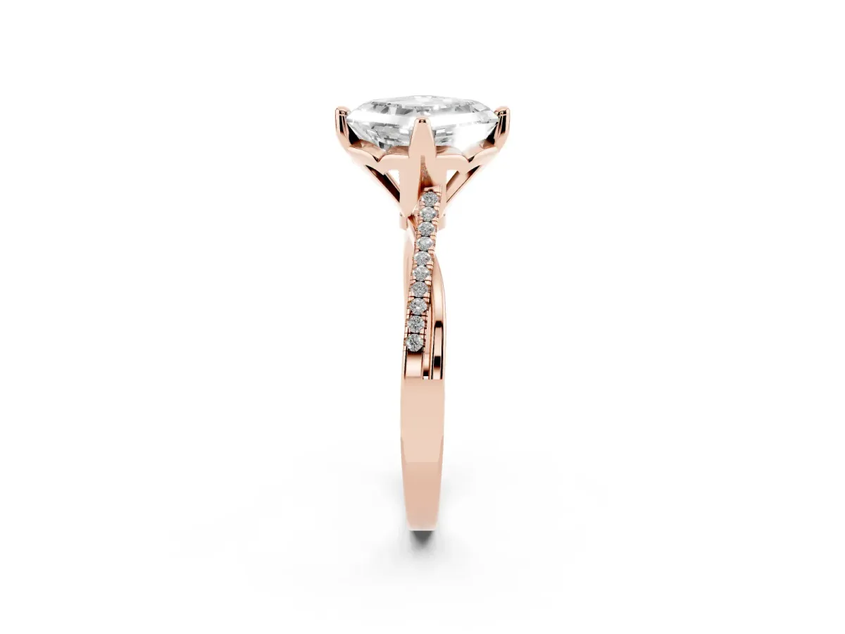 Asscher Cut Solitaire Twist Band with Pavé Diamonds and Four-Prong Setting Rose gold