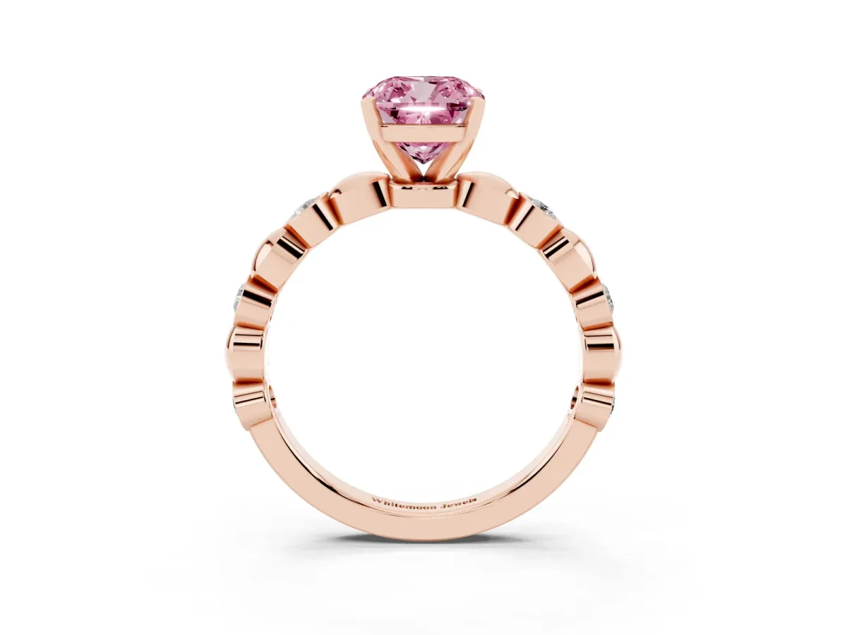 Fancy Pink Cushion Cut Solitaire Bezel-Set Diamond Ring with Beaded Band and Four-Prong Setting Rose gold