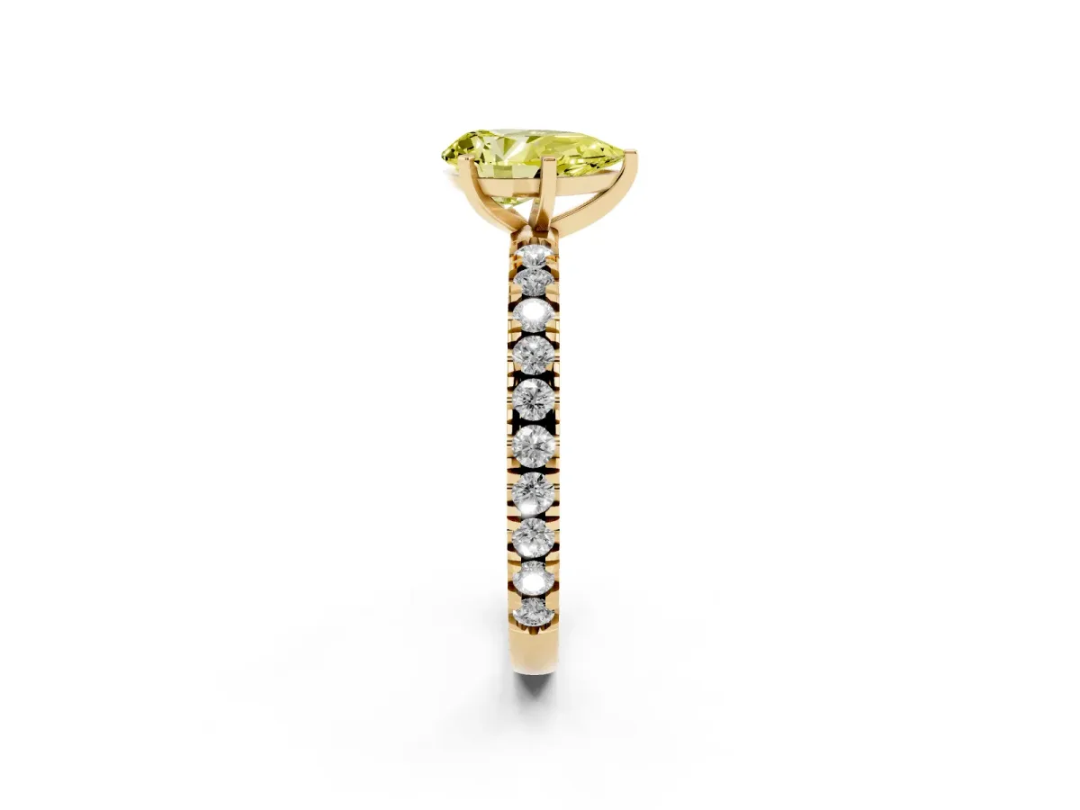 Fancy Yellow Pear Cut Diamond Pavé Band Solitaire with Four-Prong Setting Yellow gold
