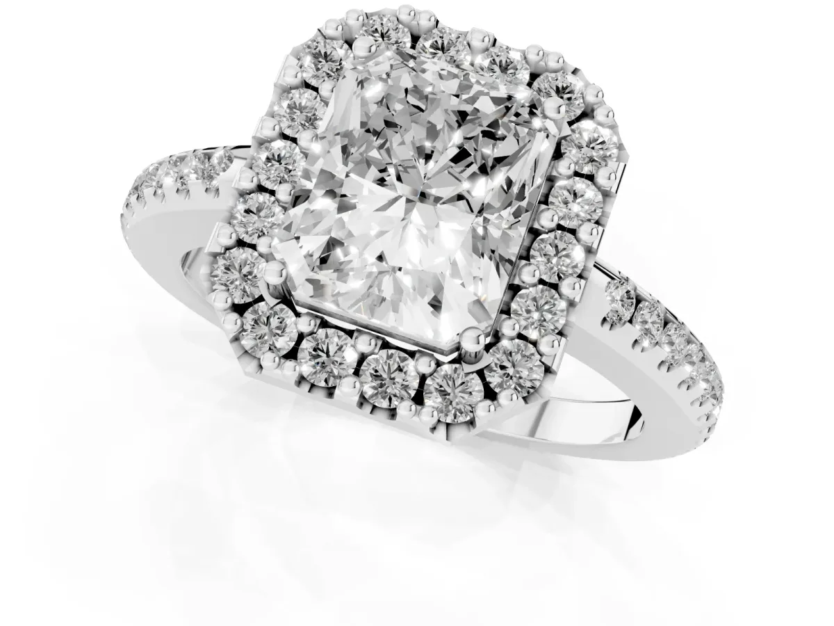Radiant Cut Diamond Pavé Halo Ring with Four-Prong Setting Silver