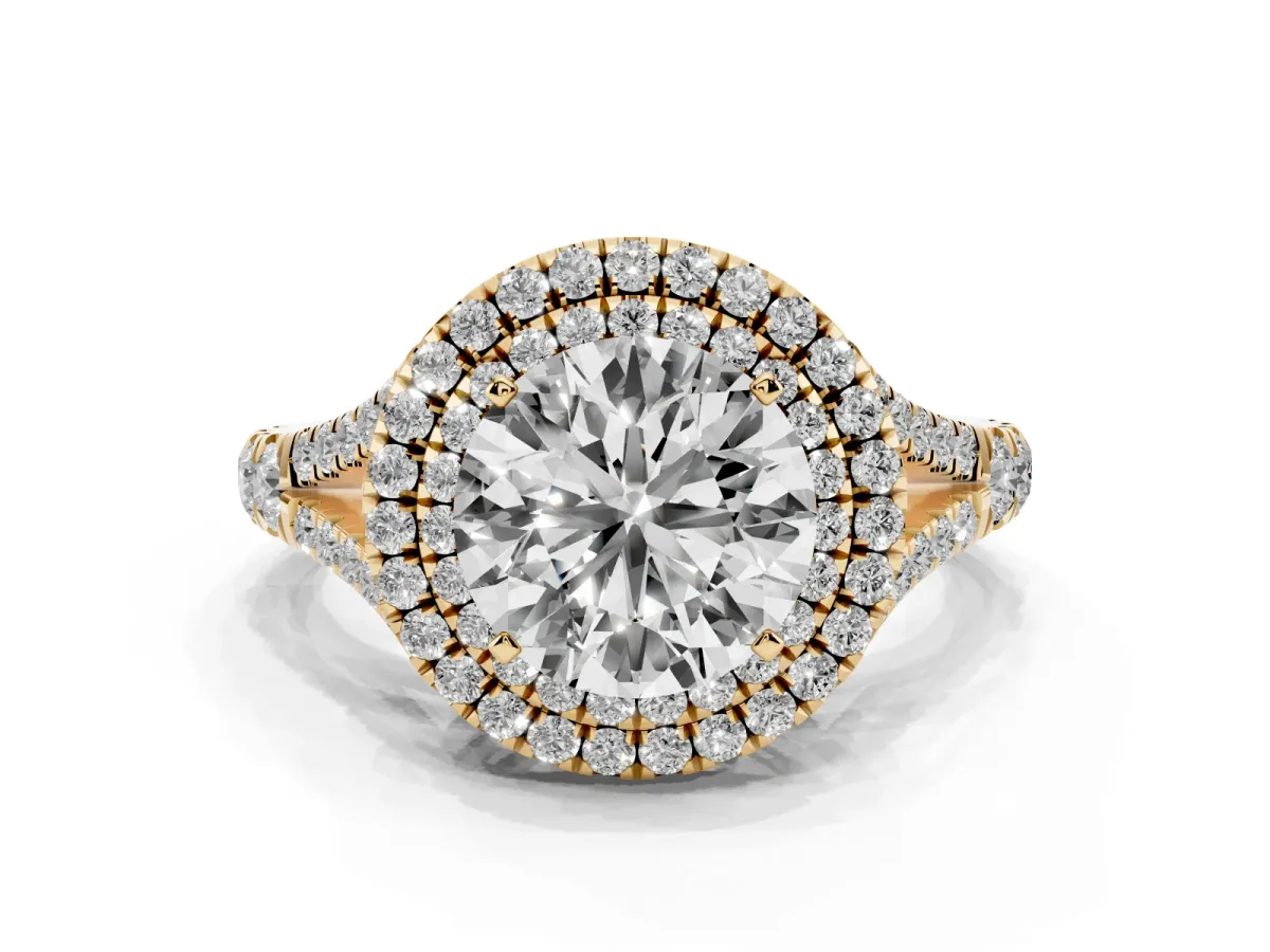 Double Halo Round Cut Diamond Split Shank Engagement Ring with Four-Prong Setting Yellow gold
