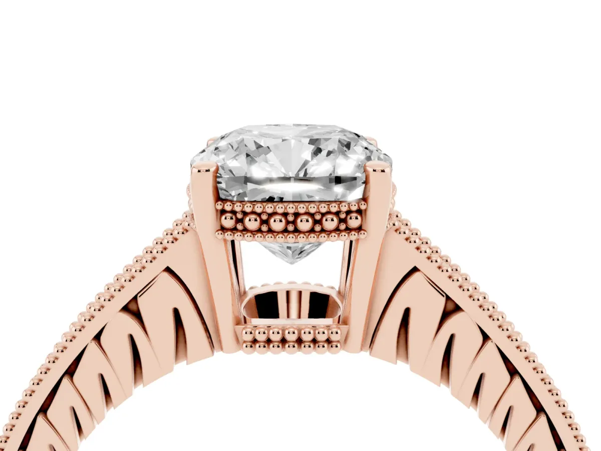 Cushion Cut Solitaire Pavé Diamond Milgrain Engagement Ring with Four-Prong Setting Rose gold