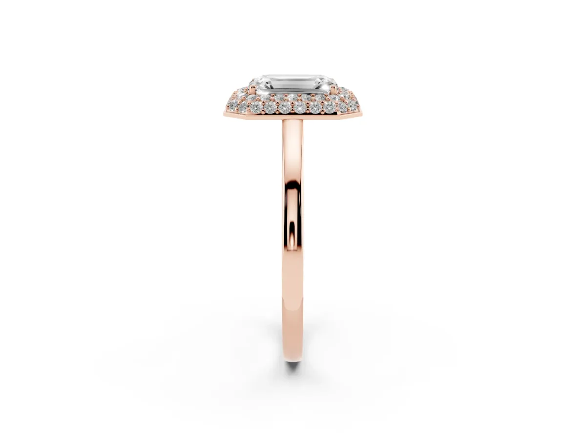 Emerald Cut Halo Diamond Engagement Ring with Solitaire Band and Four-Prong Setting Rose gold