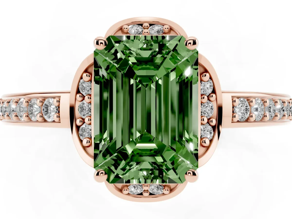 Fancy Green Emerald Cut Cut Halo Diamond Ring with Channel Set Band and Four-Prong Setting Rose gold