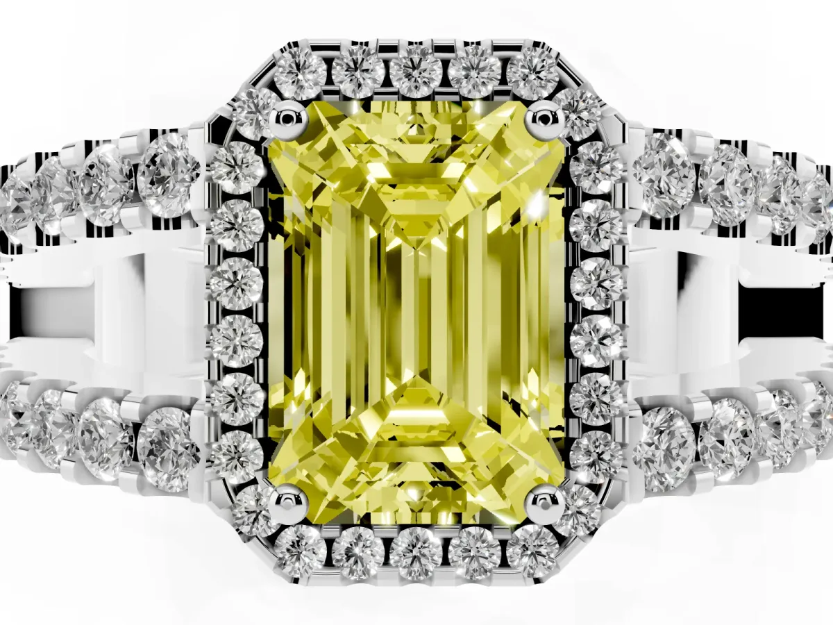 Fancy Yellow Emerald Cut Cut Halo Split Shank Diamond Ring with Four-Prong Setting Silver