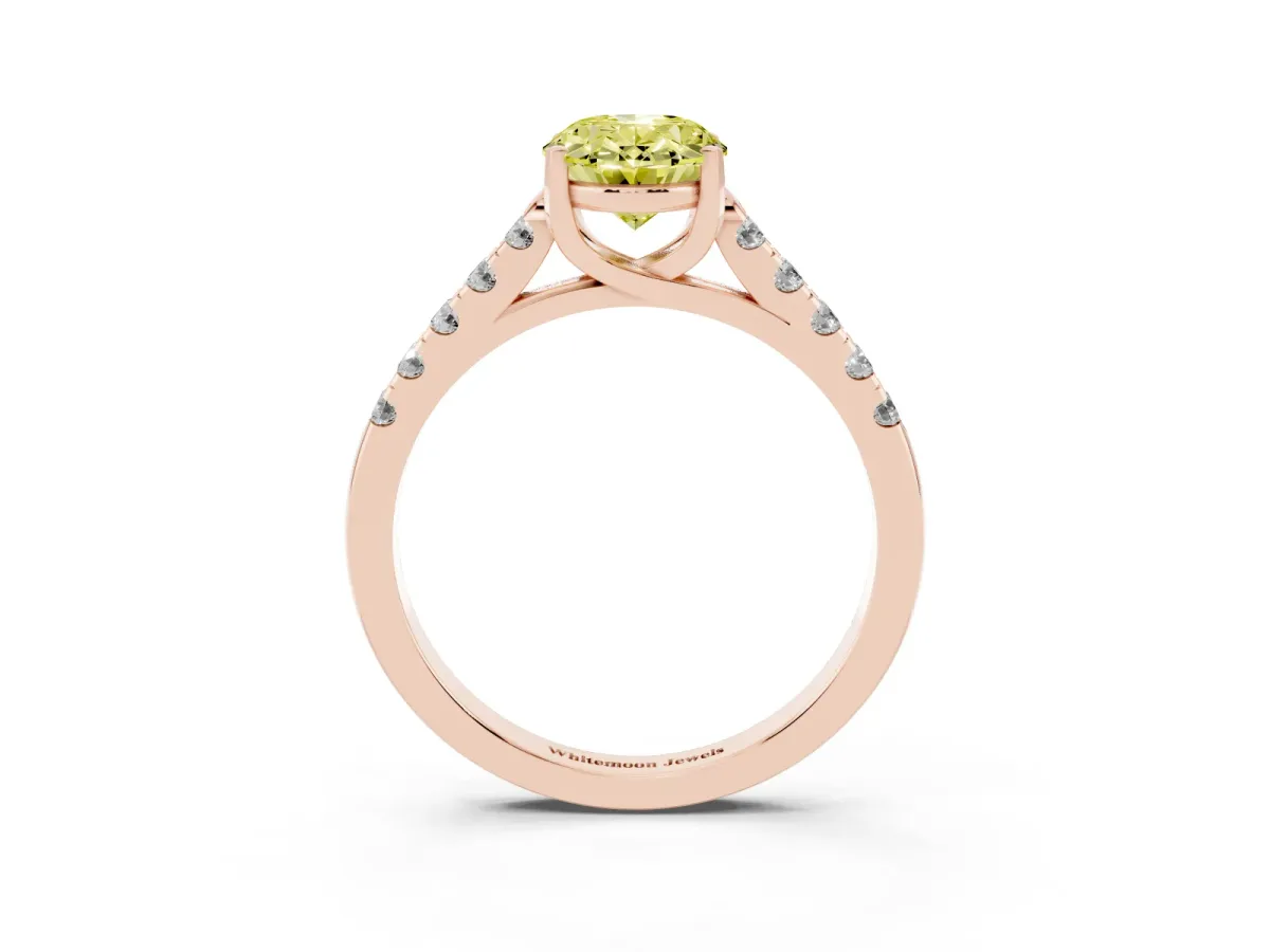Fancy Yellow Oval Cut Diamond Pavé Band Solitaire Ring with Prong Setting Rose gold