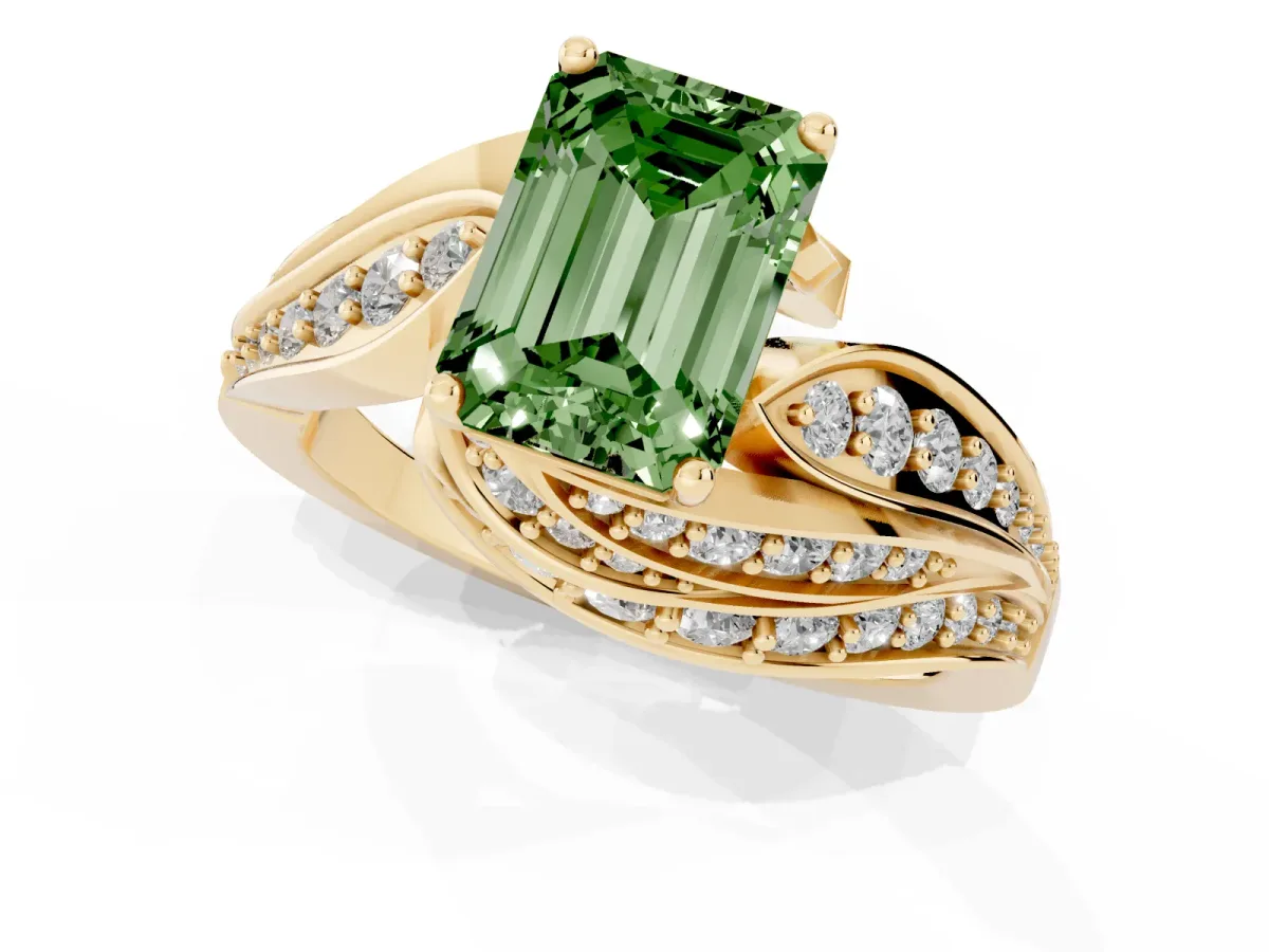 Fancy Green Emerald Cut Diamond Solitaire Ring with Prong Setting and Twisted Pavé Band Yellow gold