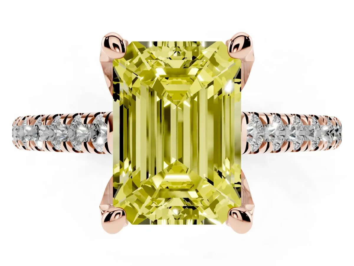 Fancy Yellow Emerald Cut Brilliant Diamond Solitaire with Pavé Band and Four-Prong Setting Rose gold