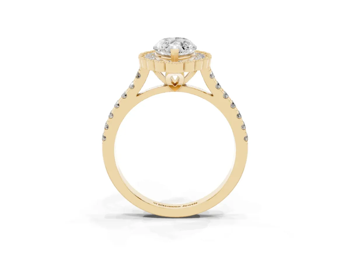 Marquise Cut Cut Diamond Milgrain Floral Halo Engagement Ring with Pavé Band Yellow gold
