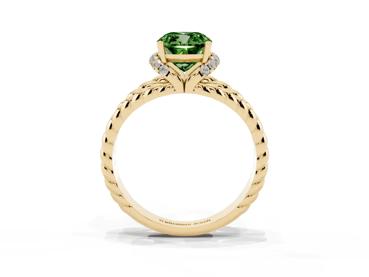 Fancy Green Cushion Cut Halo Twisted Band Four-Prong Ring Yellow gold