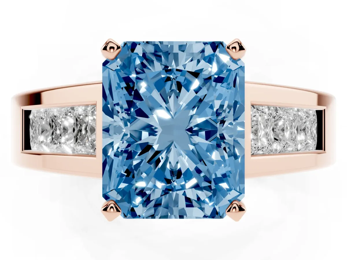 Fancy Blue Radiant Cut Cut Channel Set Solitaire Ring with Four-Prong Setting Rose gold