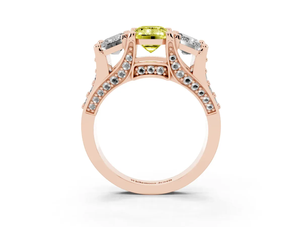 Fancy Yellow Emerald Cut Diamond Three-Stone Ring with Channel Set Band and Four-Prong Setting Rose gold