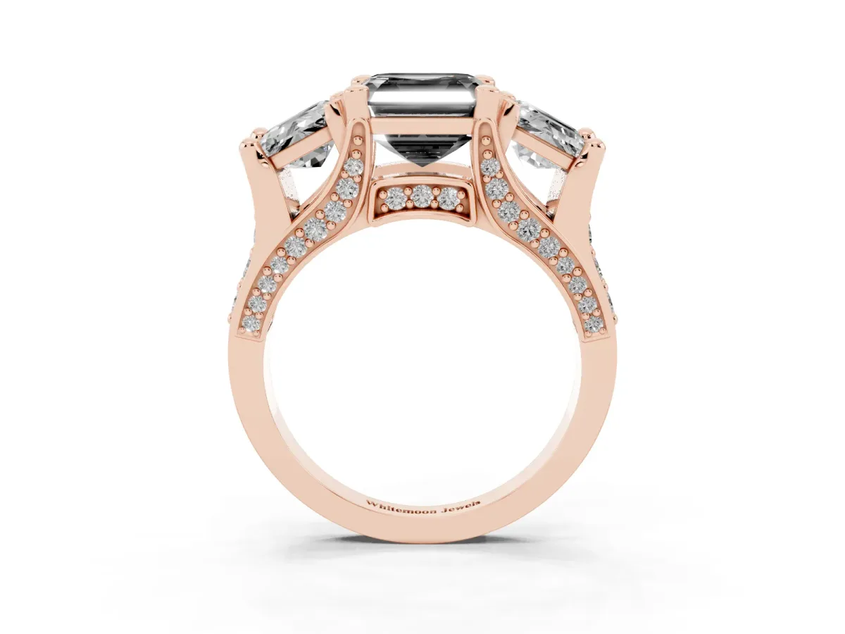 Fancy Black Asscher Cut Diamond Three-Stone Ring with Channel Set Band and Four-Prong Setting Rose gold