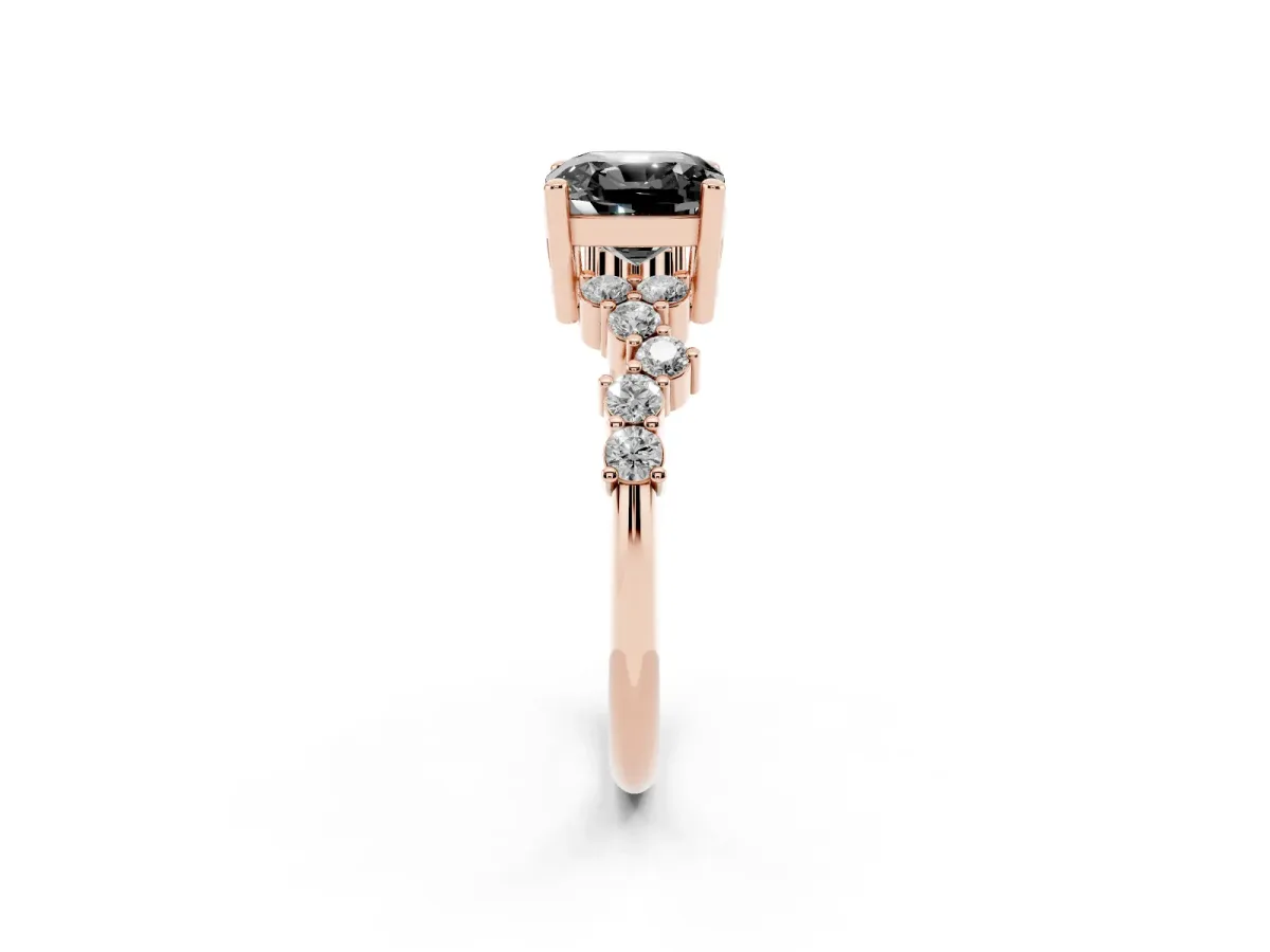 Fancy Black Cushion Cut Diamond Scattered Round Accent Ring with Prong Setting Rose gold