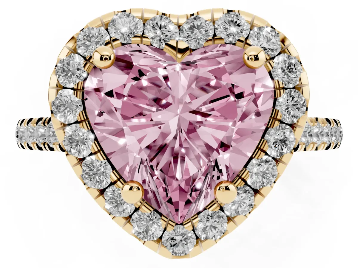 Fancy Pink Heart Cut Diamond Cushion Halo Ring with Pavé Band Yellow gold