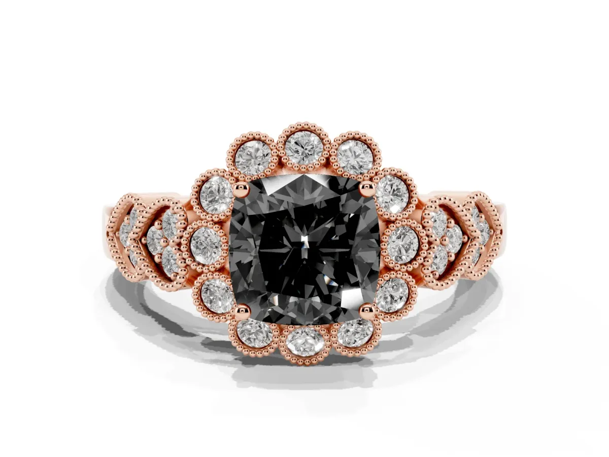 Fancy Black Cushion Cut Brilliant Milgrain Pave Heart Band Solitaire Ring Rose gold