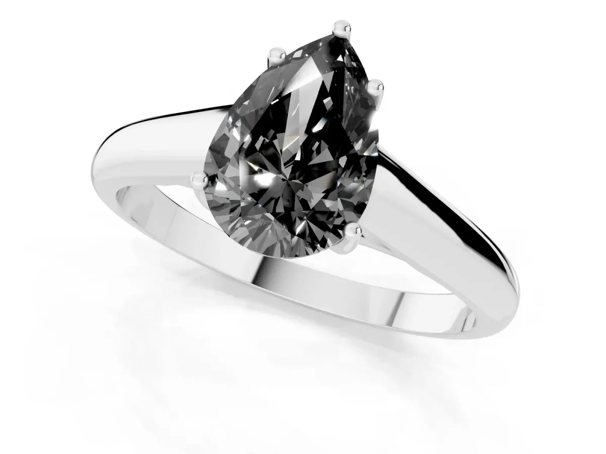 Fancy Black Pear Cut Solitaire Engagement Ring with Tapered Band and Four-Prong Setting Silver