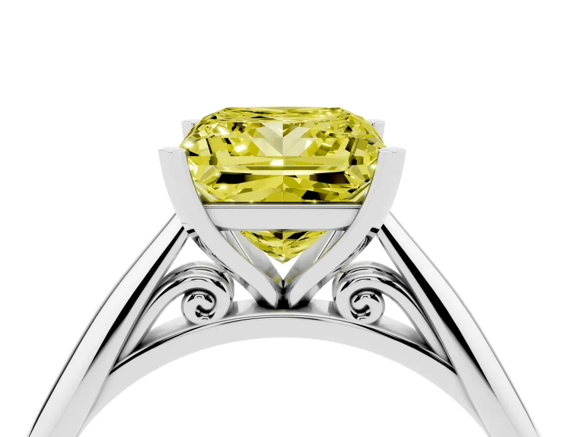 Fancy Yellow Princess Cut Diamond Solitaire Engagement Ring with Cathedral Setting and Four-Prong Mount Silver